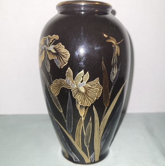 Other - Japanese Black Ceramic Vase With Gold Flowers & Dragonfly EUC